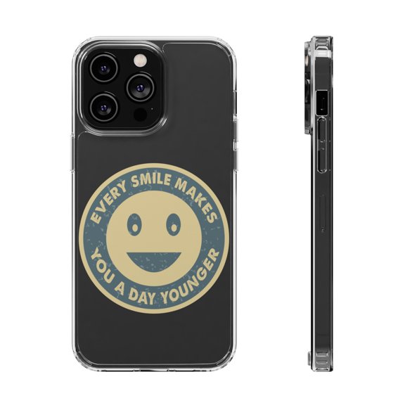 DistinctInk Clear Hybrid Case for Apple iPhone 15 Plus (6.7" Screen) - Smile Makes A Day Younger - Shockproof Protection