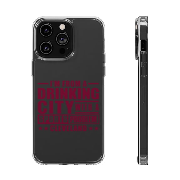 DistinctInk Clear Hybrid Case for Apple iPhone 15 Pro (6.1" Screen) - Cleveland Drinking City Sports Problem - Shockproof Protection