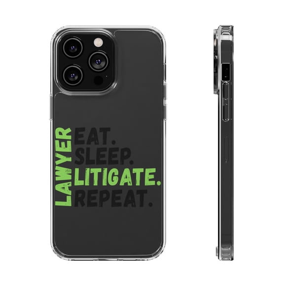 DistinctInk Clear Hybrid Case for Apple iPhone 15 Pro (6.1" Screen) - Lawyer Eat Sleep Litigate Repeat - Tempered Glass Back