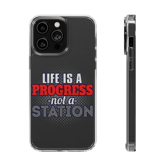 DistinctInk Clear Hybrid Case for Apple iPhone 15 Pro (6.1" Screen) - Life A Progress Not A Station - Lightweight Grip