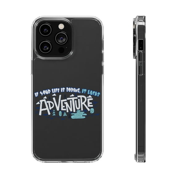 DistinctInk Clear Hybrid Case for Apple iPhone 15 Pro (6.1" Screen) - Life Boring Lacks Adventure - Tempered Glass Back
