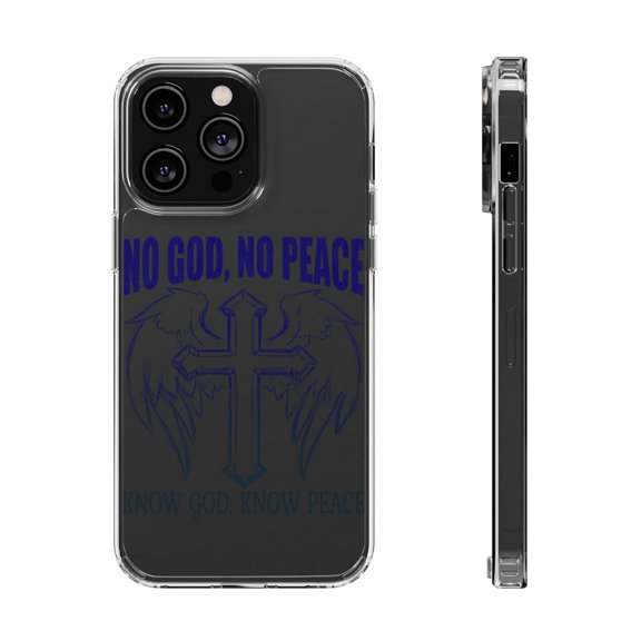 DistinctInk Clear Hybrid Case for Apple iPhone 15 Pro (6.1" Screen) - No God No Peace Know God Know Peace - Raised Bezel Screen Guard