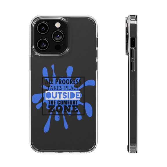 DistinctInk Clear Hybrid Case for Apple iPhone 15 Pro (6.1" Screen) - Progress Takes Place Outside Comfort Zone - Tempered Glass Back