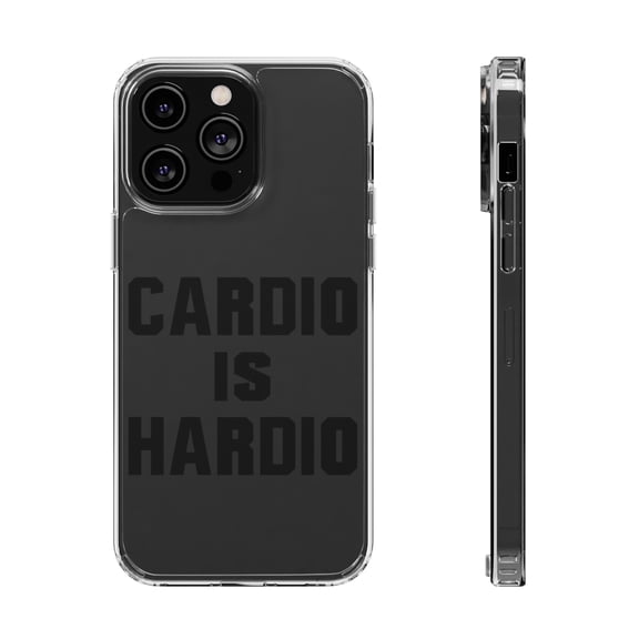 DistinctInk Clear Hybrid Case for Apple iPhone 15 Pro Max (6.7" Screen) - Cardio is Hardio - Tempered Glass Back