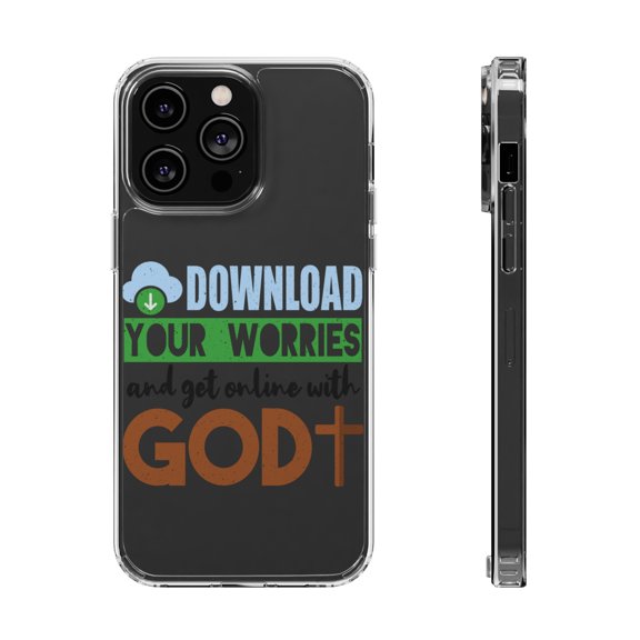 DistinctInk Clear Case for Apple iPhone 15 Pro MAX (6.7" Screen) - Download Worries Get Online With God