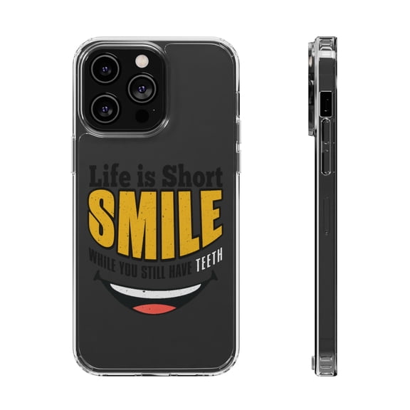 DistinctInk Clear Hybrid Case for Apple iPhone 15 Pro Max (6.7" Screen) - Life Short Smile While Have Teeth - Tempered Glass Back