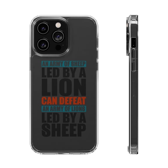 DistinctInk Clear Hybrid Case for Apple iPhone 15 Pro Max (6.7" Screen) - Sheep Led By Lion Defeat Lions Led By Sheep - Shockproof Protection