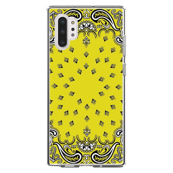 DistinctInk Clear Shockproof Hybrid Case for Galaxy Note 10 PLUS (6.8" Screen) - TPU Bumper, Acrylic Back, Tempered Glass Screen Protector - Bandana Print - Yellow, Black, White