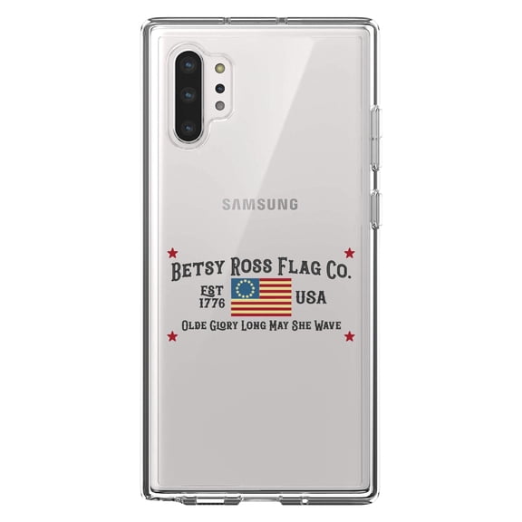 DistinctInk Clear Shockproof Hybrid Case for Galaxy Note 10 PLUS (6.8" Screen) - TPU Bumper Acrylic Back Tempered Glass Screen Protector - Betsy Ross Flag Co - Old Glory USA