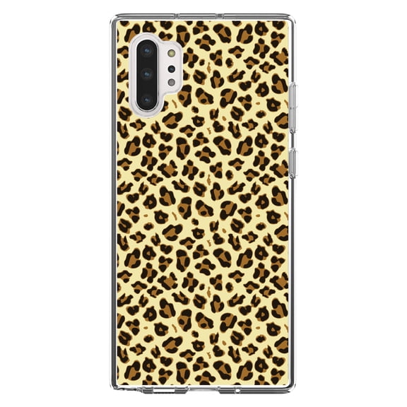 DistinctInk Clear Shockproof Hybrid Case for Galaxy Note 10 PLUS (6.8" Screen) - TPU Bumper, Acrylic Back, Tempered Glass Screen Protector - Black Beige Tan Leopard Skin Spots