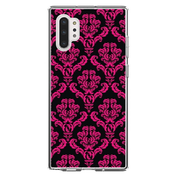 DistinctInk Clear Shockproof Hybrid Case for Galaxy Note 10 PLUS (6.8" Screen) - TPU Bumper, Acrylic Back, Tempered Glass Screen Protector - Black Hot Pink Damask Pattern - Floral Damask Pattern