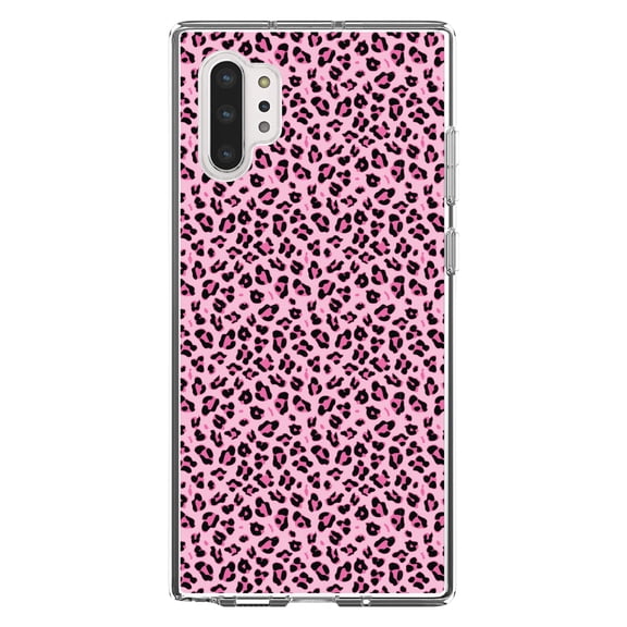 DistinctInk Clear Shockproof Hybrid Case for Galaxy Note 10 PLUS (6.8" Screen) - TPU Bumper, Acrylic Back, Tempered Glass Screen Protector - Black Pink Leopard Skin Spots