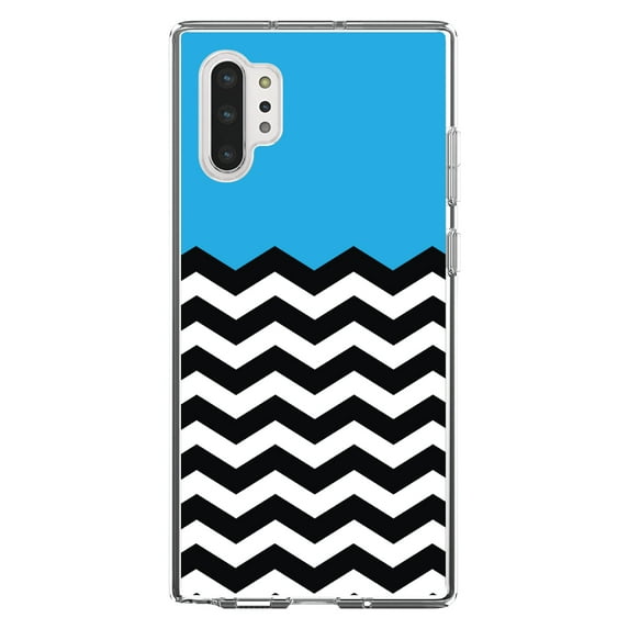 DistinctInk Clear Shockproof Hybrid Case for Galaxy Note 10 PLUS (6.8" Screen) - TPU Bumper, Acrylic Back, Tempered Glass Screen Protector - Black White Cyan Blue Chevron - Black & White Stripes