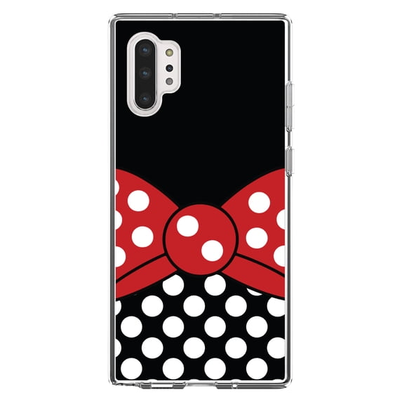 DistinctInk Clear Shockproof Hybrid Case for Galaxy Note 10 PLUS (6.8" Screen) - TPU Bumper, Acrylic Back, Tempered Glass Screen Protector - Black White Polka Dot Red Bow Minnie