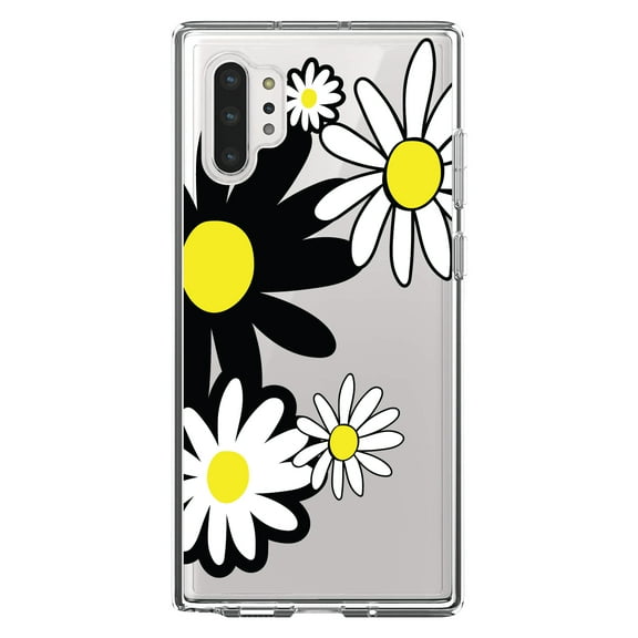 DistinctInk Clear Shockproof Hybrid Case for Galaxy Note 10 PLUS (6.8" Screen) - TPU Bumper Acrylic Back Tempered Glass Screen Protector - Black & Yellow Modern Daisies