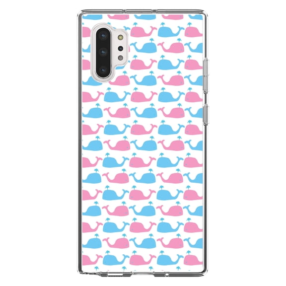 DistinctInk Clear Shockproof Hybrid Case for Galaxy Note 10 PLUS (6.8" Screen) - TPU Bumper, Acrylic Back, Tempered Glass Screen Protector - Blue Pink Cartoon Whales - Cartoon Whales