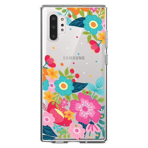 DistinctInk Clear Shockproof Hybrid Case for Galaxy Note 10 PLUS (6.8" Screen) - TPU Bumper, Acrylic Back, Tempered Glass Screen Protector - Bright Colored Flowers and Dots