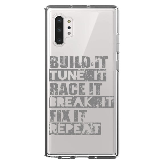 DistinctInk Clear Shockproof Hybrid Case for Galaxy Note 10 PLUS (6.8" Screen) - TPU Bumper Acrylic Back Tempered Glass Screen Protector - Build It Tune Race Break Fix Repeat