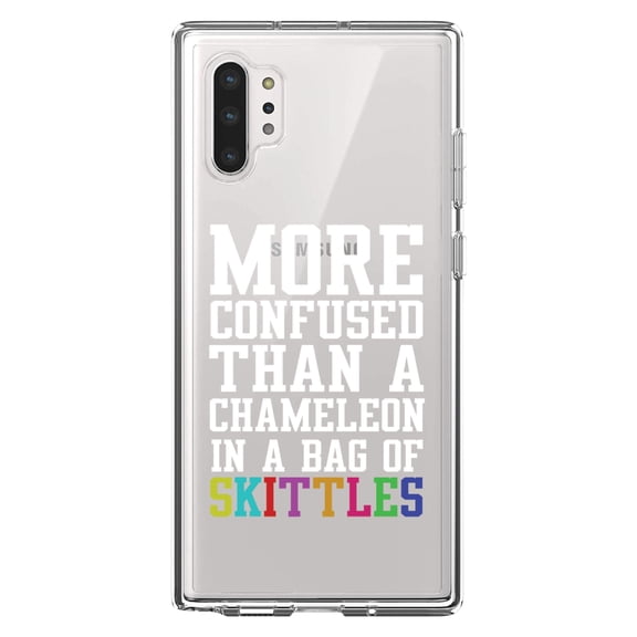 DistinctInk Clear Shockproof Hybrid Case for Galaxy Note 10 PLUS (6.8" Screen) - TPU Bumper Acrylic Back Tempered Glass Screen Protector - More Confused than Chameleon in Skittles