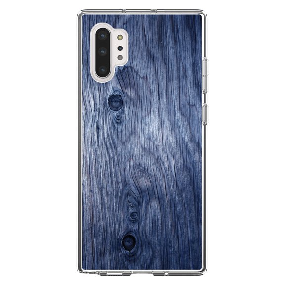DistinctInk Clear Shockproof Hybrid Case for Galaxy Note 10 PLUS (6.8" Screen) - TPU Bumper, Acrylic Back, Tempered Glass Screen Protector - Dark Blue Weathered Wood Grain Print - Printed Wood