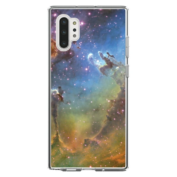 DistinctInk Clear Shockproof Hybrid Case for Galaxy Note 10 PLUS (6.8" Screen) - TPU Bumper, Acrylic Back, Tempered Glass Screen Protector - Eagle Nebula Orange Blue - Astronomy
