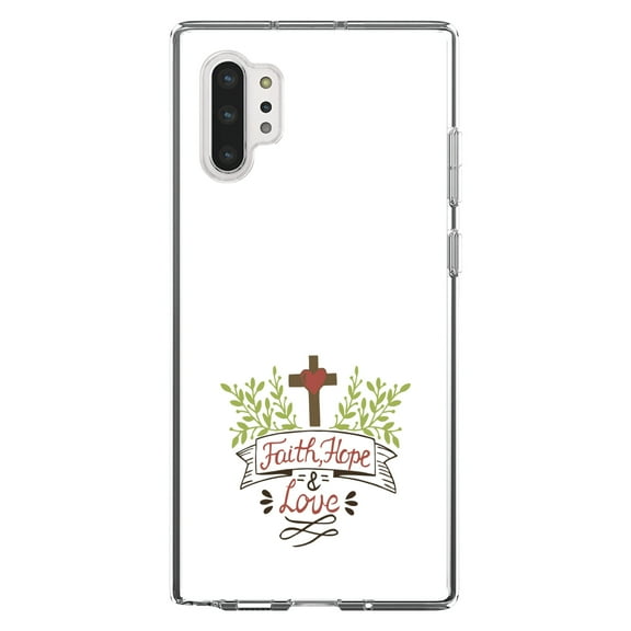 DistinctInk Clear Shockproof Hybrid Case for Galaxy Note 10 PLUS (6.8" Screen) - TPU Bumper, Acrylic Back, Tempered Glass Screen Protector - Faith, Hope & Love - Cross & Leaves