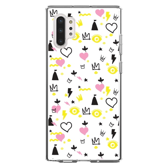 DistinctInk Clear Shockproof Hybrid Case for Galaxy Note 10 PLUS (6.8" Screen) - TPU Bumper, Acrylic Back, Tempered Glass Screen Protector - Girl Power - Crown Hearts Castle Pink Yellow