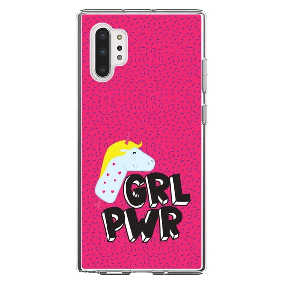 DistinctInk Clear Shockproof Hybrid Case for Galaxy Note 10 PLUS (6.8" Screen) - TPU Bumper, Acrylic Back, Tempered Glass Screen Protector - Girl Power - GRL PWR - Unicorn Pink Background
