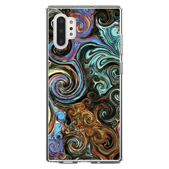 DistinctInk Clear Shockproof Hybrid Case for Galaxy Note 10 PLUS (6.8" Screen) - TPU Bumper, Acrylic Back, Tempered Glass Screen Protector - Gold Brown Black Blue Abstract Swirls - Abstract Swirls