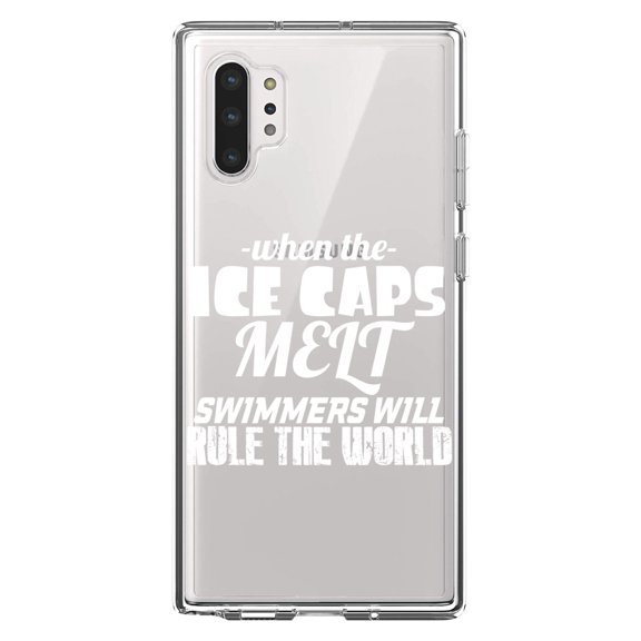 DistinctInk Clear Shockproof Hybrid Case for Galaxy Note 10 PLUS (6.8" Screen) - TPU Bumper Acrylic Back Tempered Glass Screen Protector - When Ice Caps Melt Swimmer Rule the World