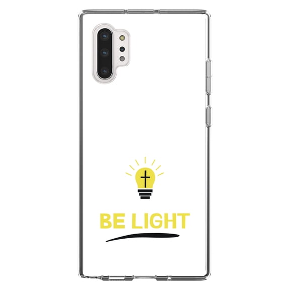 DistinctInk Clear Shockproof Hybrid Case for Galaxy Note 10 PLUS (6.8" Screen) - TPU Bumper, Acrylic Back, Tempered Glass Screen Protector - BE LIGHT - Cross in a Light Bulb