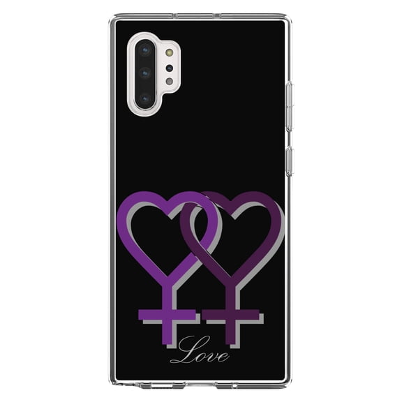 DistinctInk Clear Shockproof Hybrid Case for Galaxy Note 10 PLUS (6.8" Screen) - TPU Bumper, Acrylic Back, Tempered Glass Screen Protector - Lesbian Purple Symbols Love - LGBTQ Support