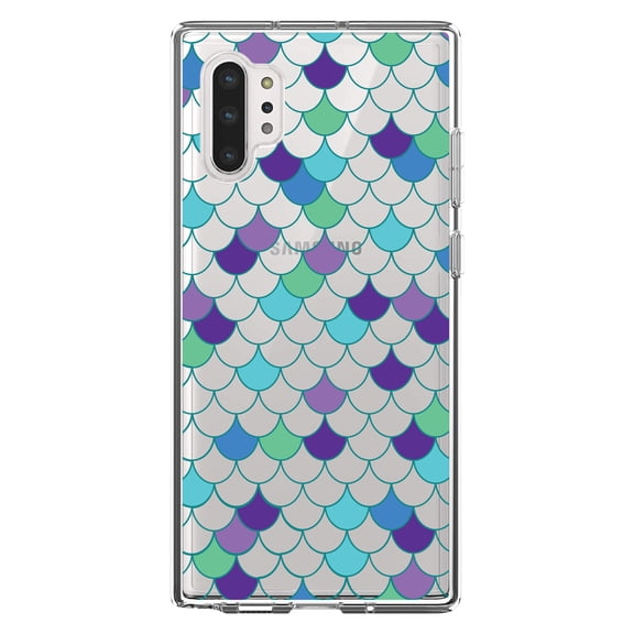 DistinctInk Clear Shockproof Hybrid Case for Galaxy Note 10 PLUS (6.8" Screen) - TPU Bumper, Acrylic Back, Tempered Glass Screen Protector - Mermaid Scales