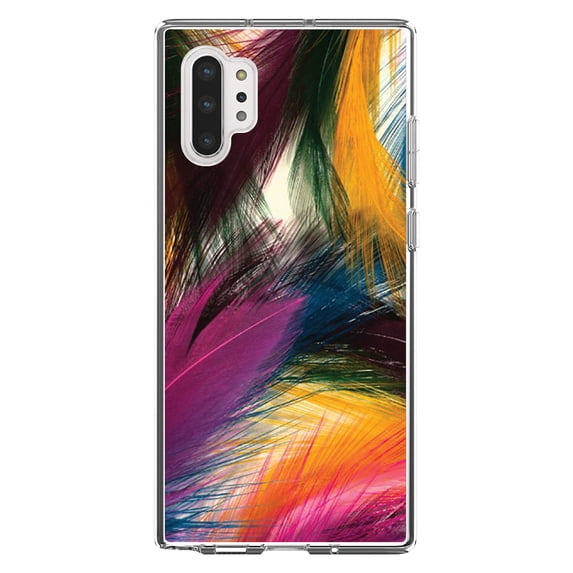 DistinctInk Clear Shockproof Hybrid Case for Galaxy Note 10 PLUS (6.8" Screen) - TPU Bumper, Acrylic Back, Tempered Glass Screen Protector - Multi Color Feathers