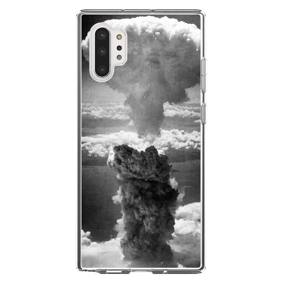 DistinctInk Clear Shockproof Hybrid Case for Galaxy Note 10 PLUS (6.8" Screen) - TPU Bumper, Acrylic Back, Tempered Glass Screen Protector - Nuclear Mushroom Cloud