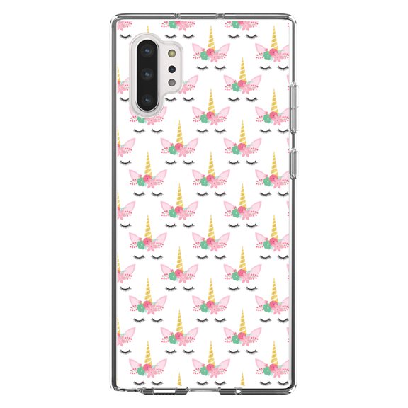DistinctInk Clear Shockproof Hybrid Case for Galaxy Note 10 PLUS (6.8" Screen) - TPU Bumper, Acrylic Back, Tempered Glass Screen Protector - Pastel Unicorn Pattern - White Pink Black
