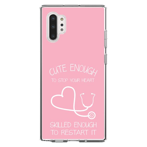 DistinctInk Clear Shockproof Hybrid Case for Galaxy Note 10 PLUS (6.8" Screen) - TPU Bumper, Acrylic Back, Tempered Glass Screen Protector - Pink Nurse Stethoscope Heart - Support for Nurses