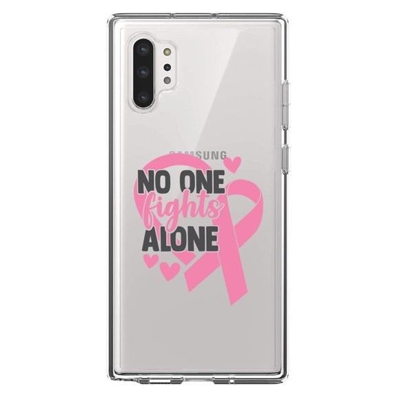 DistinctInk Clear Shockproof Hybrid Case for Galaxy Note 10 PLUS (6.8" Screen) - TPU Bumper Acrylic Back Tempered Glass Screen Protector - Pink Ribbon Cancer - No One Fights Alone