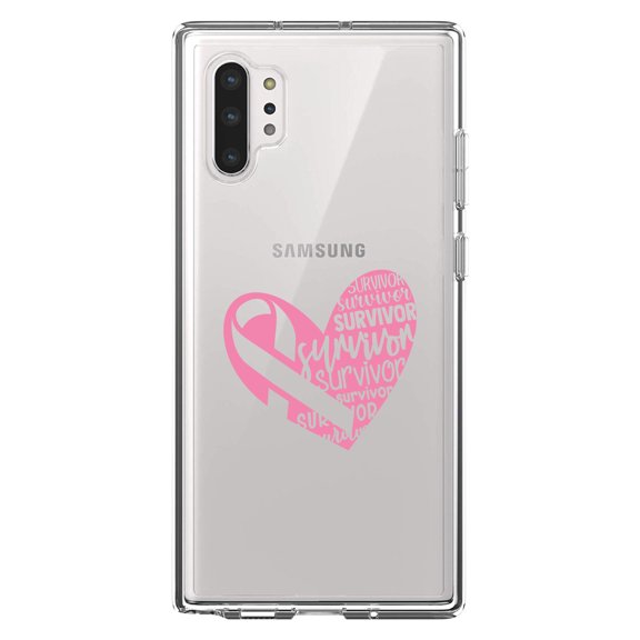 DistinctInk Clear Shockproof Hybrid Case for Galaxy Note 10 PLUS (6.8" Screen) - TPU Bumper Acrylic Back Tempered Glass Screen Protector - Pink Ribbon Cancer - Survivor Heart