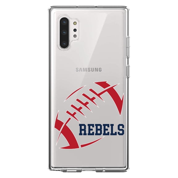 DistinctInk Clear Shockproof Hybrid Case for Galaxy Note 10 PLUS (6.8" Screen) - TPU Bumper, Acrylic Back, Tempered Glass Screen Protector - Rebels Football - Red, Navy