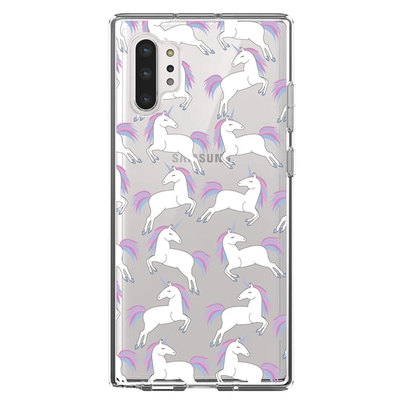 DistinctInk Clear Shockproof Hybrid Case for Galaxy Note 10 PLUS (6.8" Screen) - TPU Bumper, Acrylic Back, Tempered Glass Screen Protector - Repeating Pastel Unicorns