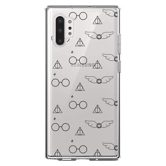DistinctInk Clear Shockproof Hybrid Case for Galaxy Note 10 PLUS (6.8" Screen) - TPU Bumper, Acrylic Back, Tempered Glass Screen Protector - Round Glasses with Symbol and Snitch