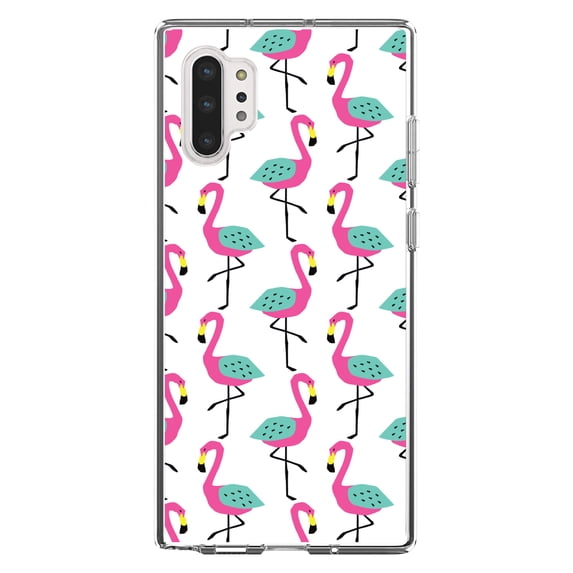 DistinctInk Clear Shockproof Hybrid Case for Galaxy Note 10 PLUS (6.8" Screen) - TPU Bumper, Acrylic Back, Tempered Glass Screen Protector - Summer Graphics - Flamingo Pattern - Pink