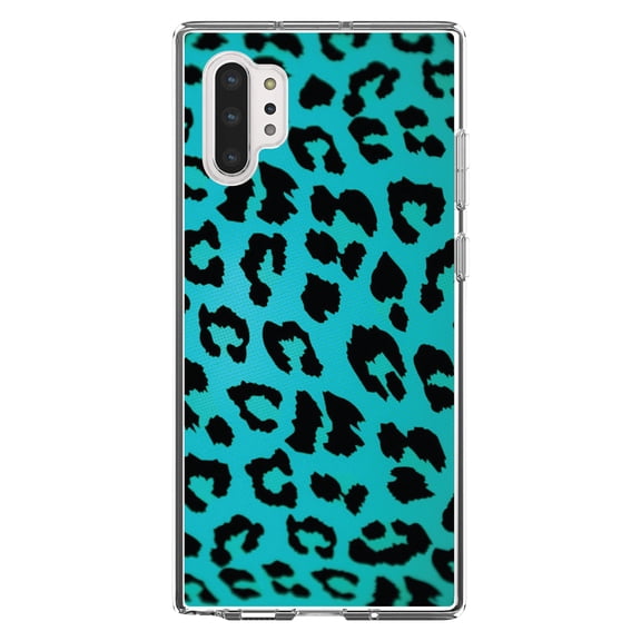 DistinctInk Clear Shockproof Hybrid Case for Galaxy Note 10 PLUS (6.8" Screen) - TPU Bumper, Acrylic Back, Tempered Glass Screen Protector - Teal Black Leopard Skin Spots