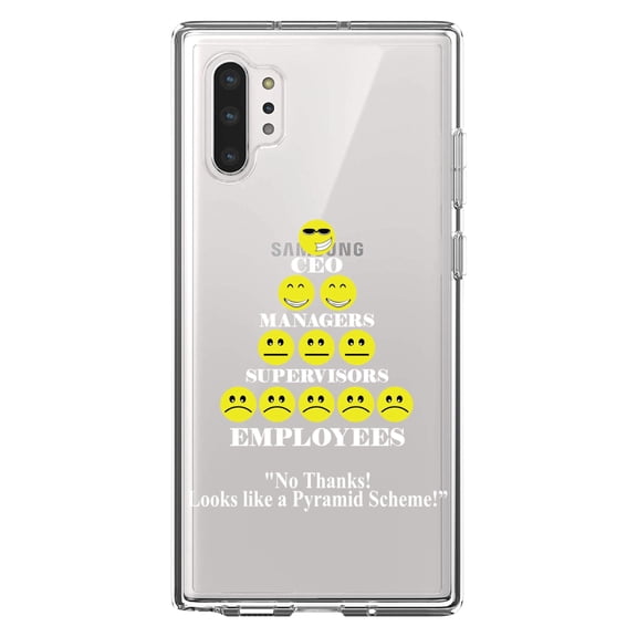 DistinctInk Clear Shockproof Hybrid Case for Galaxy Note 10 PLUS (6.8" Screen) - TPU Bumper Acrylic Back Tempered Glass Screen Protector - No Thanks Looks Like a Pyramid Scheme