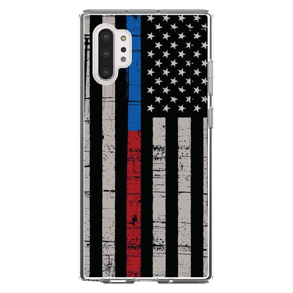 DistinctInk Clear Shockproof Hybrid Case for Galaxy Note 10 PLUS (6.8" Screen) - TPU Bumper, Acrylic Back, Tempered Glass Screen Protector - Thin Blue Line Thin Red Line US Flag - First Responders