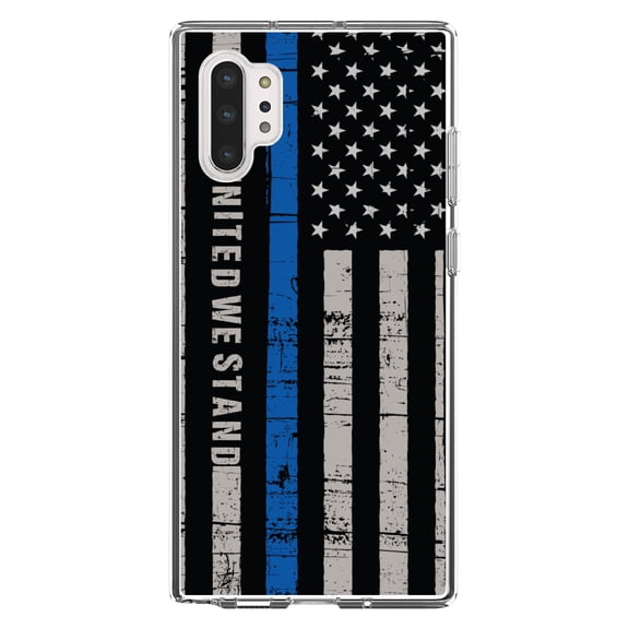 DistinctInk Clear Shockproof Hybrid Case for Galaxy Note 10 PLUS (6.8" Screen) - TPU Bumper, Acrylic Back, Tempered Glass Screen Protector - Thin Blue Line US Flag "United We Stand"
