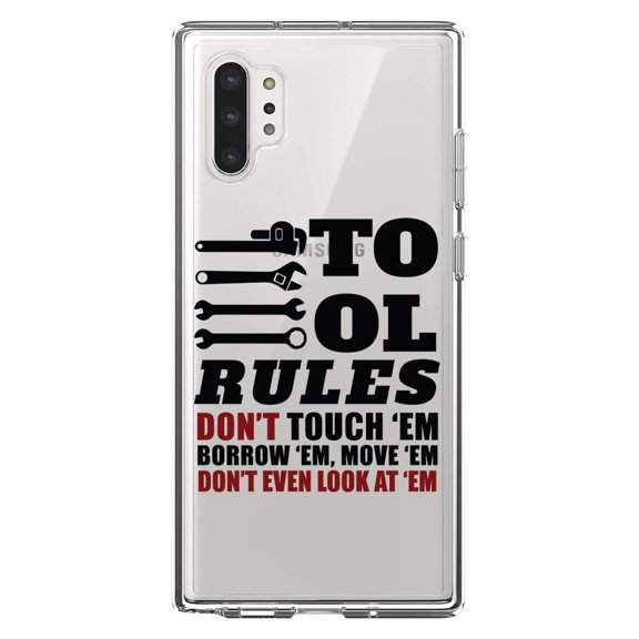 DistinctInk Clear Shockproof Hybrid Case for Galaxy Note 10 PLUS (6.8" Screen) - TPU Bumper Acrylic Back Tempered Glass Screen Protector - Tool Rules Don't Touch Borrow Move Look