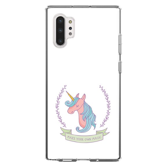 DistinctInk Clear Shockproof Hybrid Case for Galaxy Note 10 PLUS (6.8" Screen) - TPU Bumper, Acrylic Back, Tempered Glass Screen Protector - Unicorn - Make Your Own Magic - White