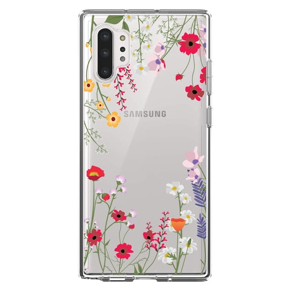 DistinctInk Clear Shockproof Hybrid Case for Galaxy Note 10 PLUS (6.8" Screen) - TPU Bumper Acrylic Back Tempered Glass Screen Protector - Wildflowers Border Blue Pink Purple